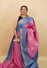 Magenta Pink with Greyish Blue - Soft Tissue khadi zari Border with buttas